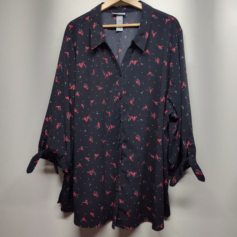 Catherines Georgette Button Down Blouse Top Women 3X Black Cardinals Cottagecore